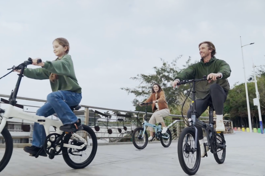 A family of three riding morfun ebikes