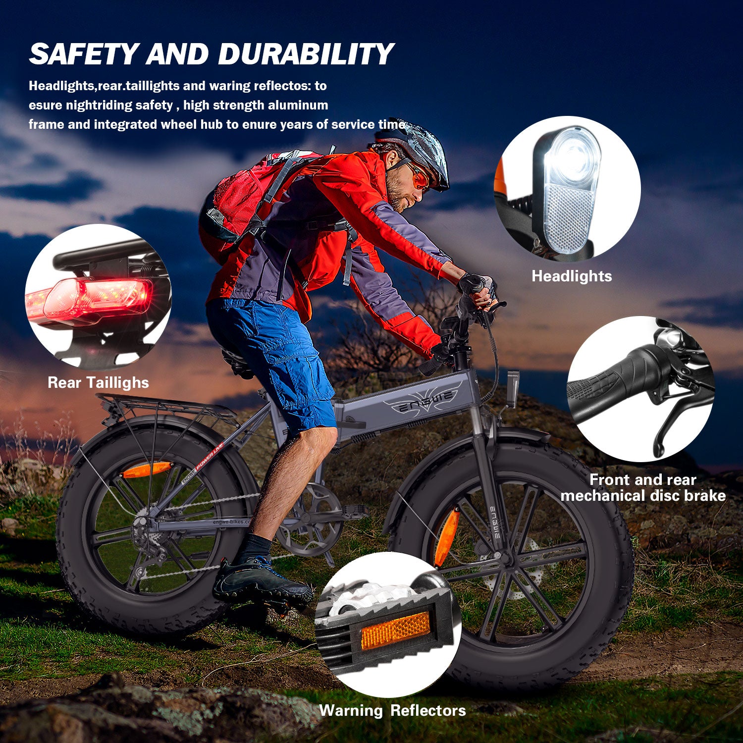 Engwe EP-2 Pro's safety features displayed, with LED headlights, taillights, and reflectors for night riding.
