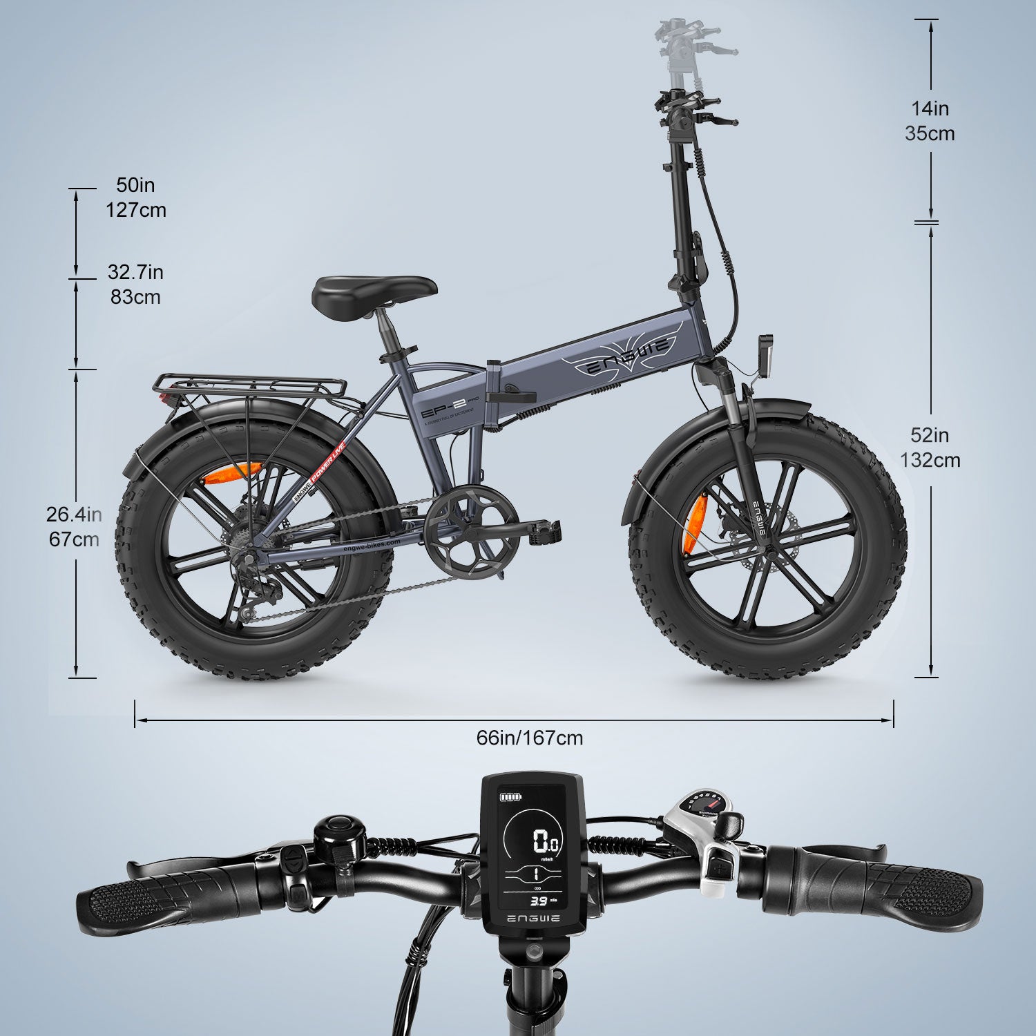 Engwe EP-2 Pro ebike dimensions and detailed handlebar setup, highlighting its ergonomic and adjustable design.