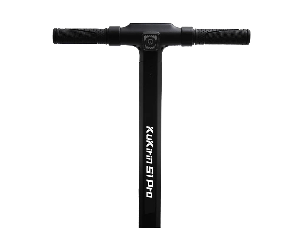 Kirin S1 Pro scooter handlebar view, showcasing ergonomic grips and control panel.