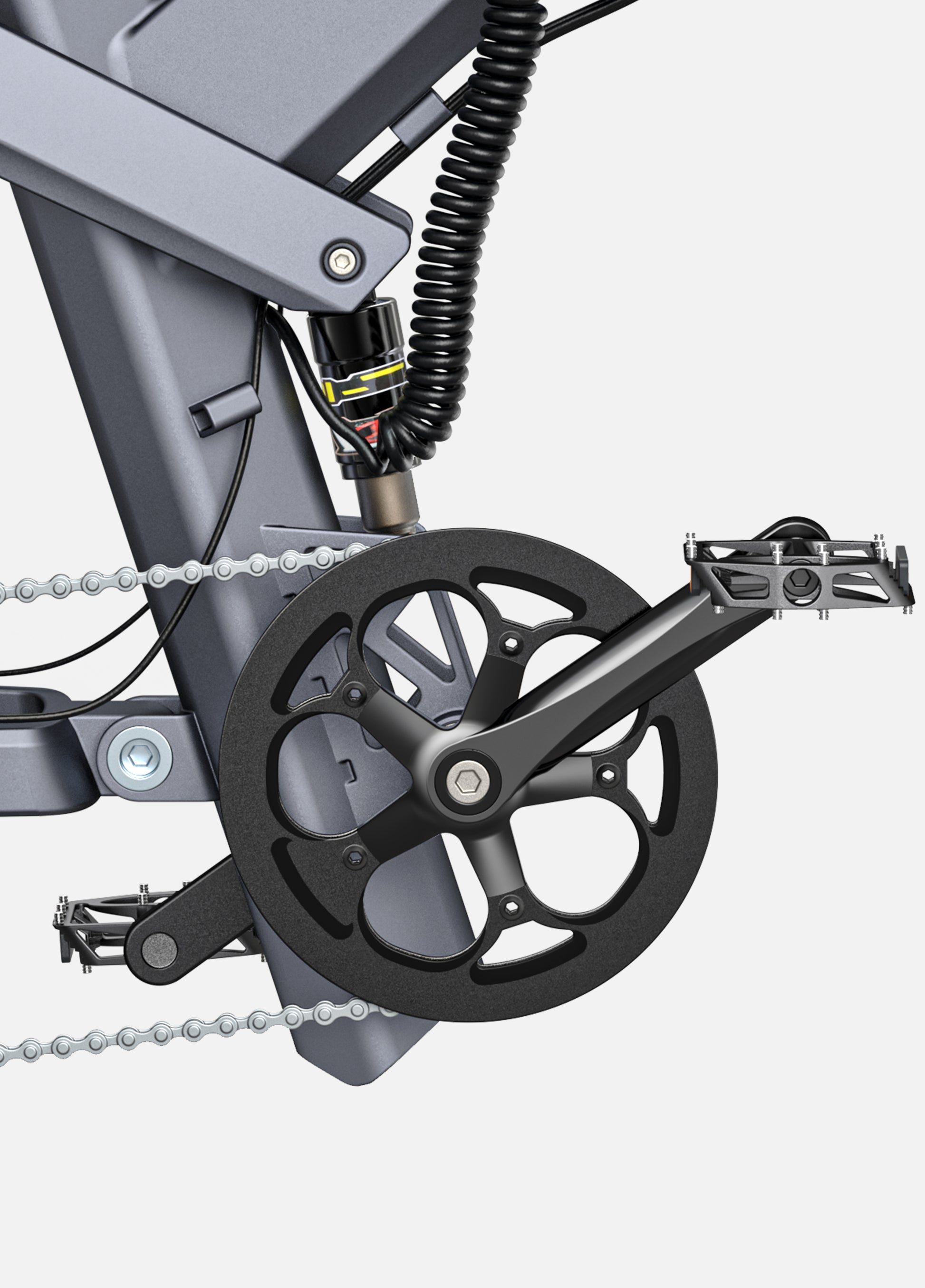 Precision-engineered crankset and pedal assembly of Engwe X26 electric bike, designed for optimal power transfer.