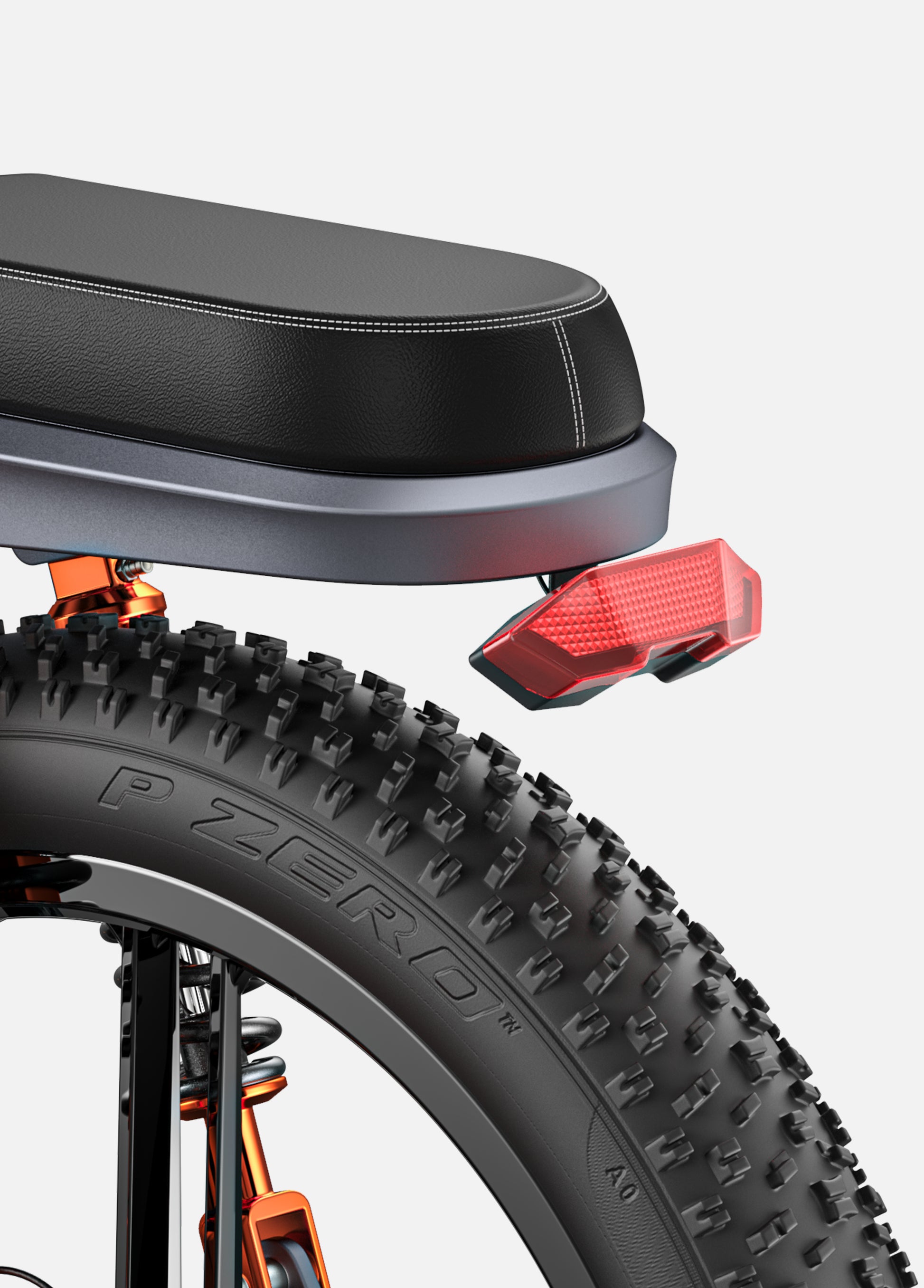 Engwe X26's comfortable saddle with an integrated rear red safety light for visibility and design aesthetics.