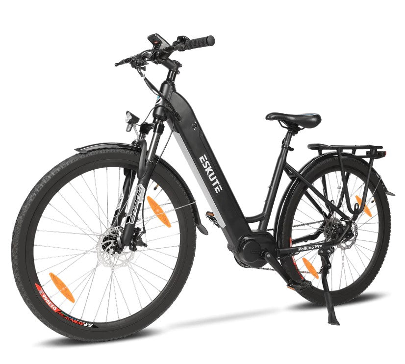 Angled front view of Eskute Polluno Pro showing the suspension and frame.