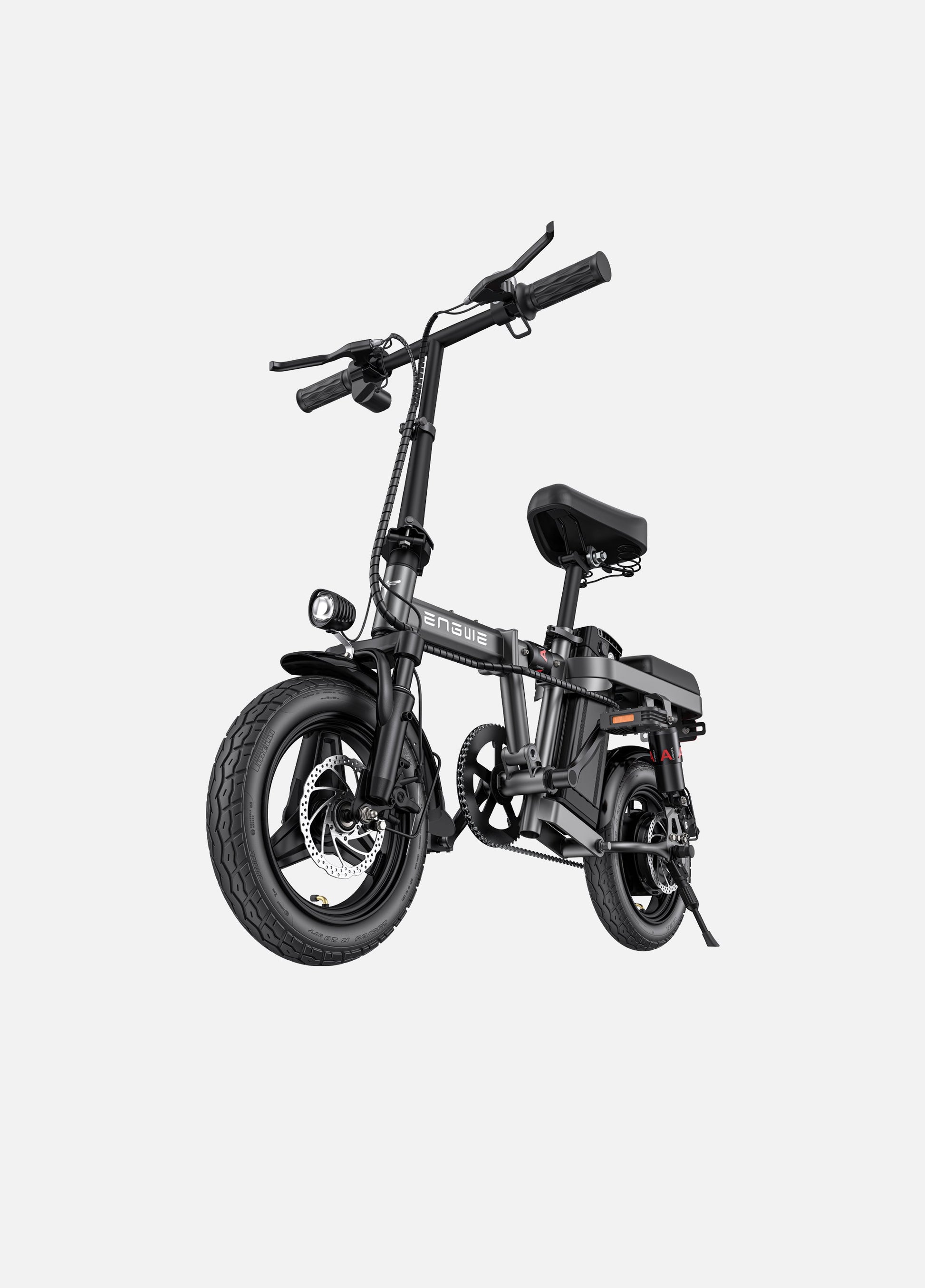 Compact black Engwe T14 folding electric bike displayed in an upright position, showcasing its modern and portable design.