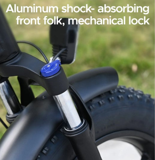 Zoomed-in view of Engwe Engine X's front fork with shock absorbers and mechanical lock.