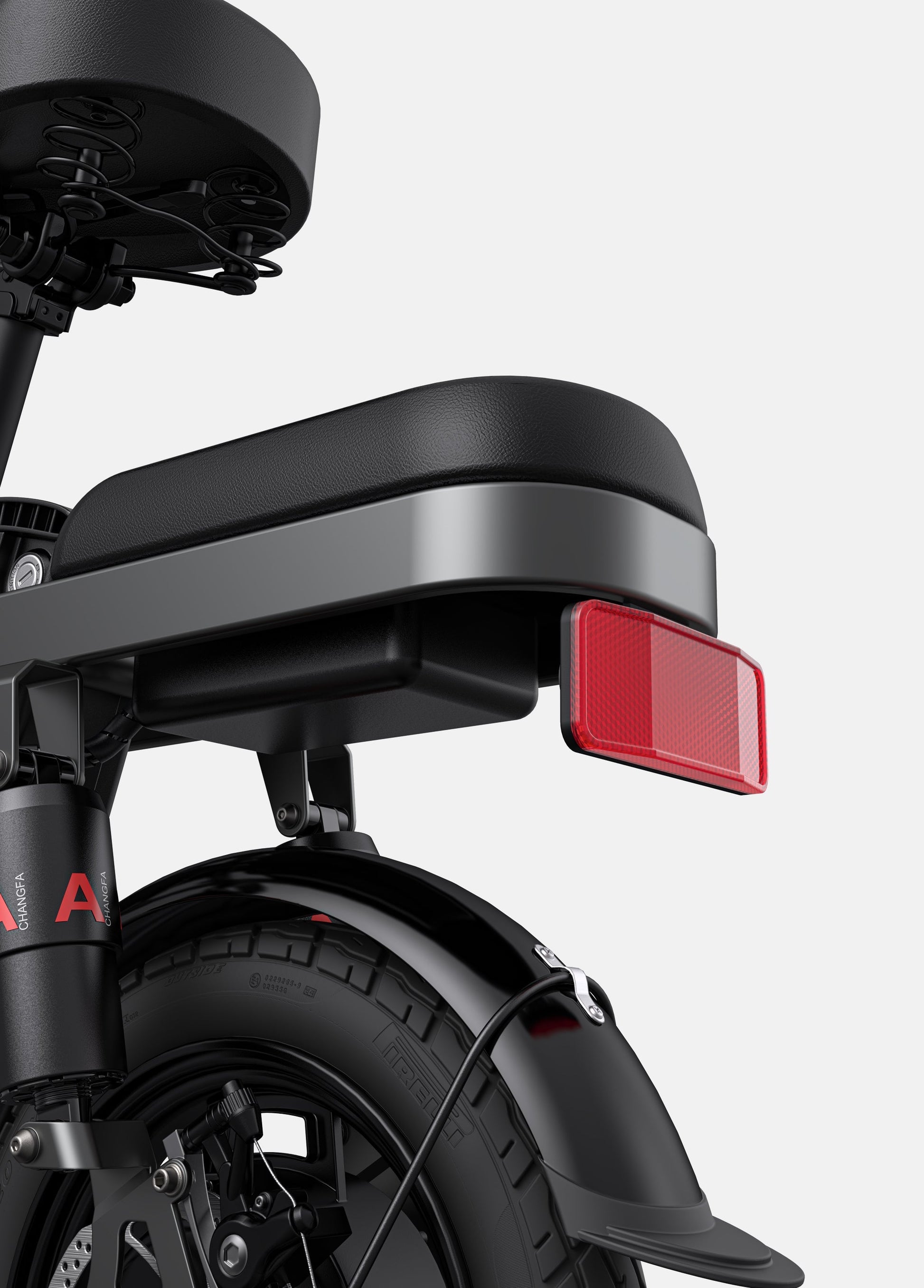 Detailed view of Engwe T14 electric bike's rear with red taillight and suspension, emphasizing its safety and comfort features.