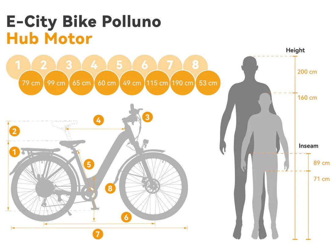 Schematic illustration of Eskute Polluno eBike with dimensions and hub motor.