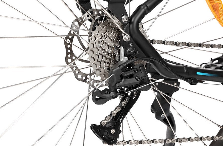 Detailed view of Eskute Polluno Pro's rear cassette and derailleur.