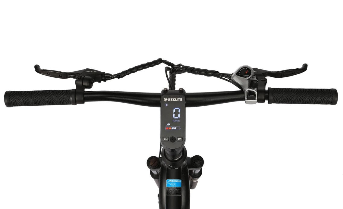 Eskute Polluno eBike handlebar view with LCD display and ergonomic grips.