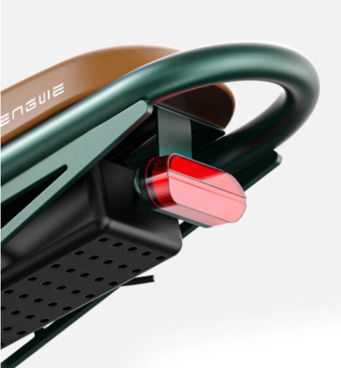 Engwe M20 ebike in sleek black, highlighting the padded leather seat and rear safety light.