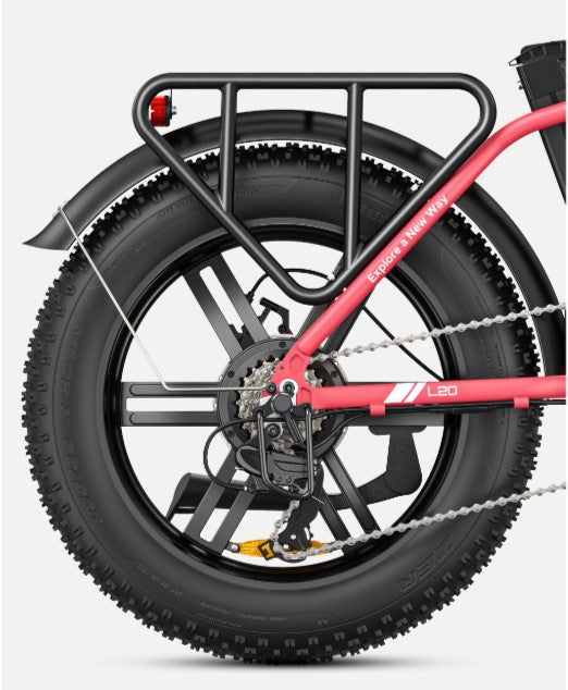 Close-up of Engwe L20 eBike's rear wheel with fat tire and gear details.