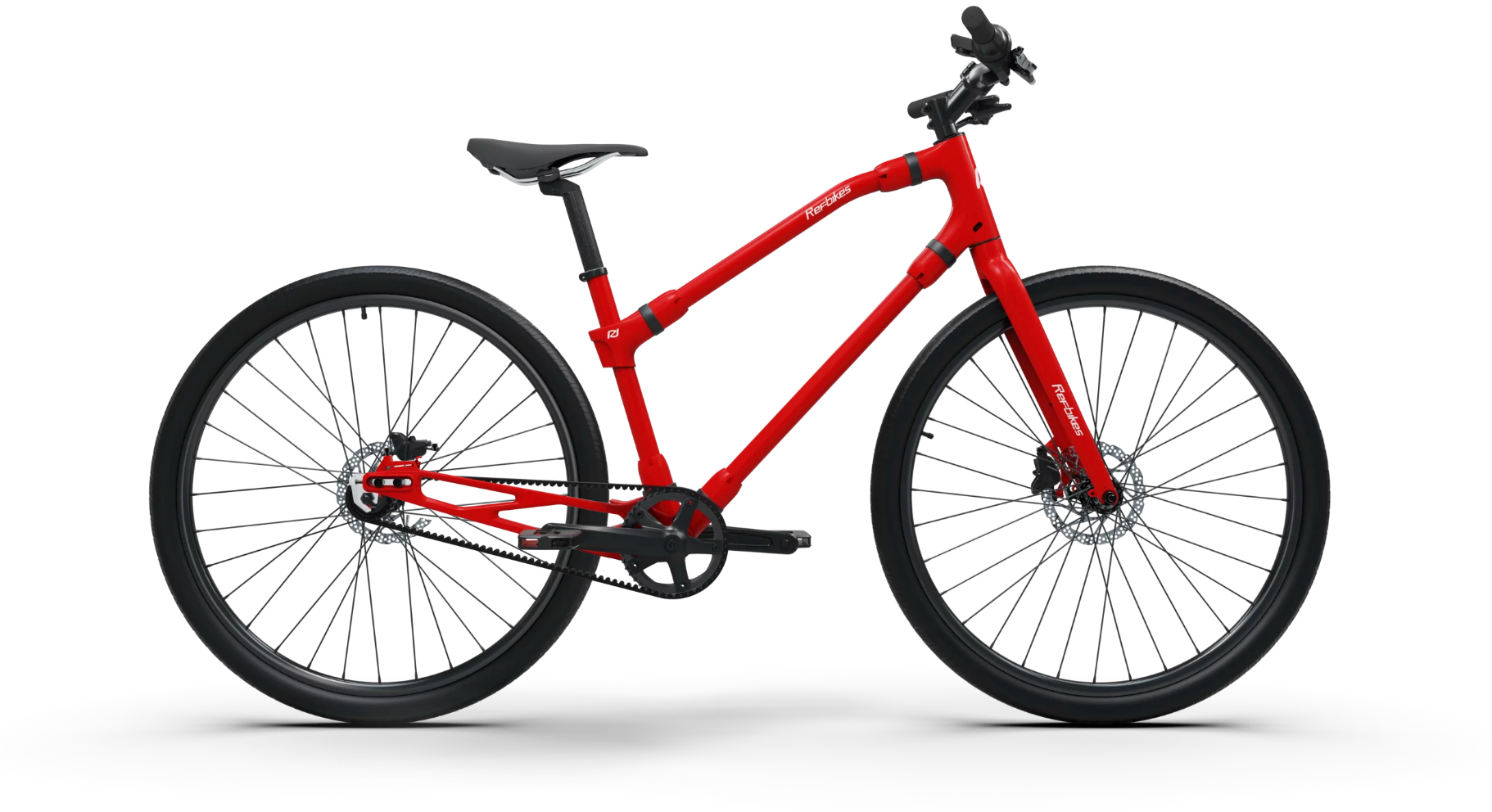 Striking red and white Ref Essential bike, designed for performance and sustainability.