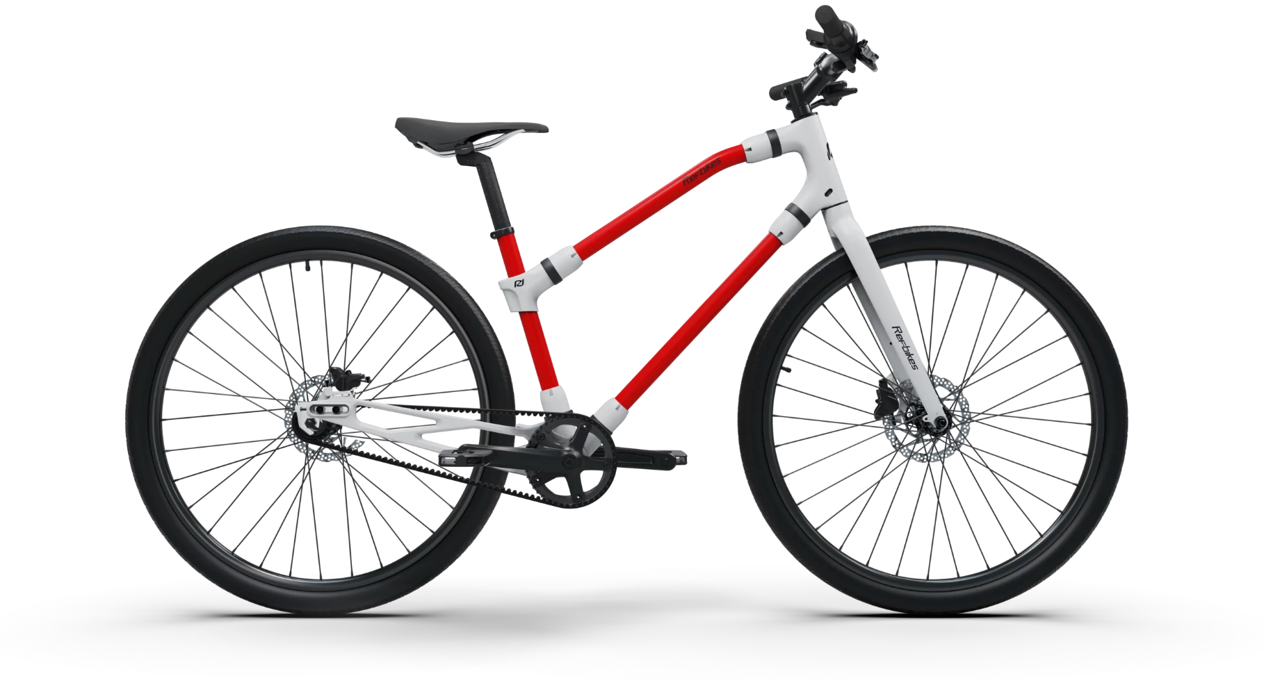 Two-tone red and white Ref Essential bike profile, highlighting its lightweight frame and for easy travel.