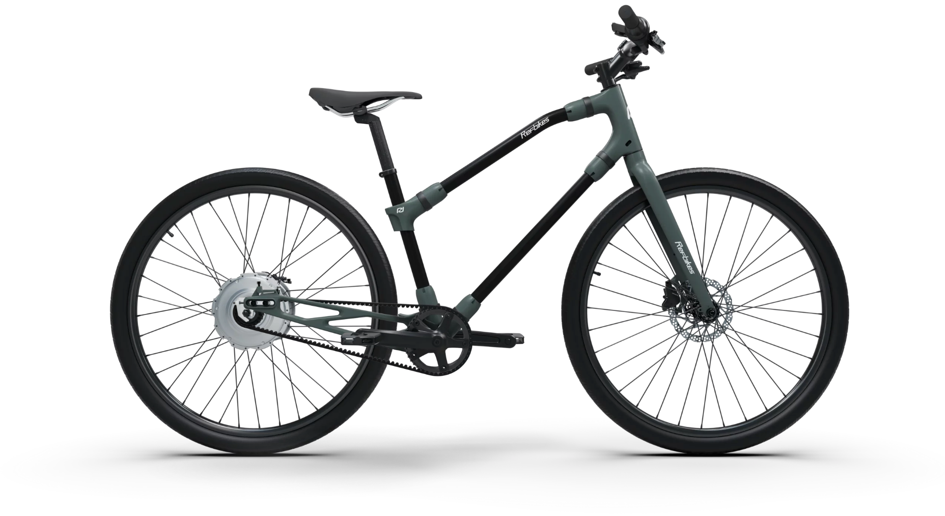 Stylish Essential Boost bicycle in muted green, perfect for eco-friendly city rides.