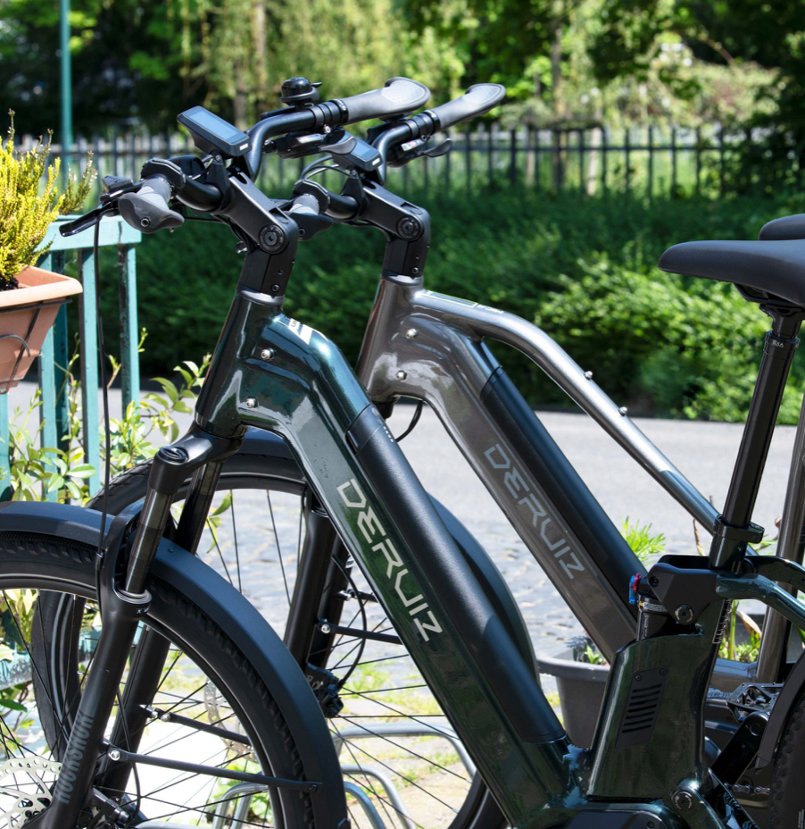 Two Deruiz Electric Bikes parked at the park.