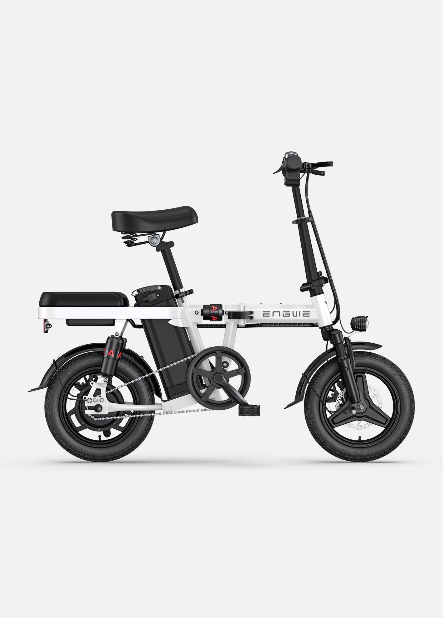Engwe T14 foldable electric bike in a stylish white and black color scheme, blending technology with contemporary design.