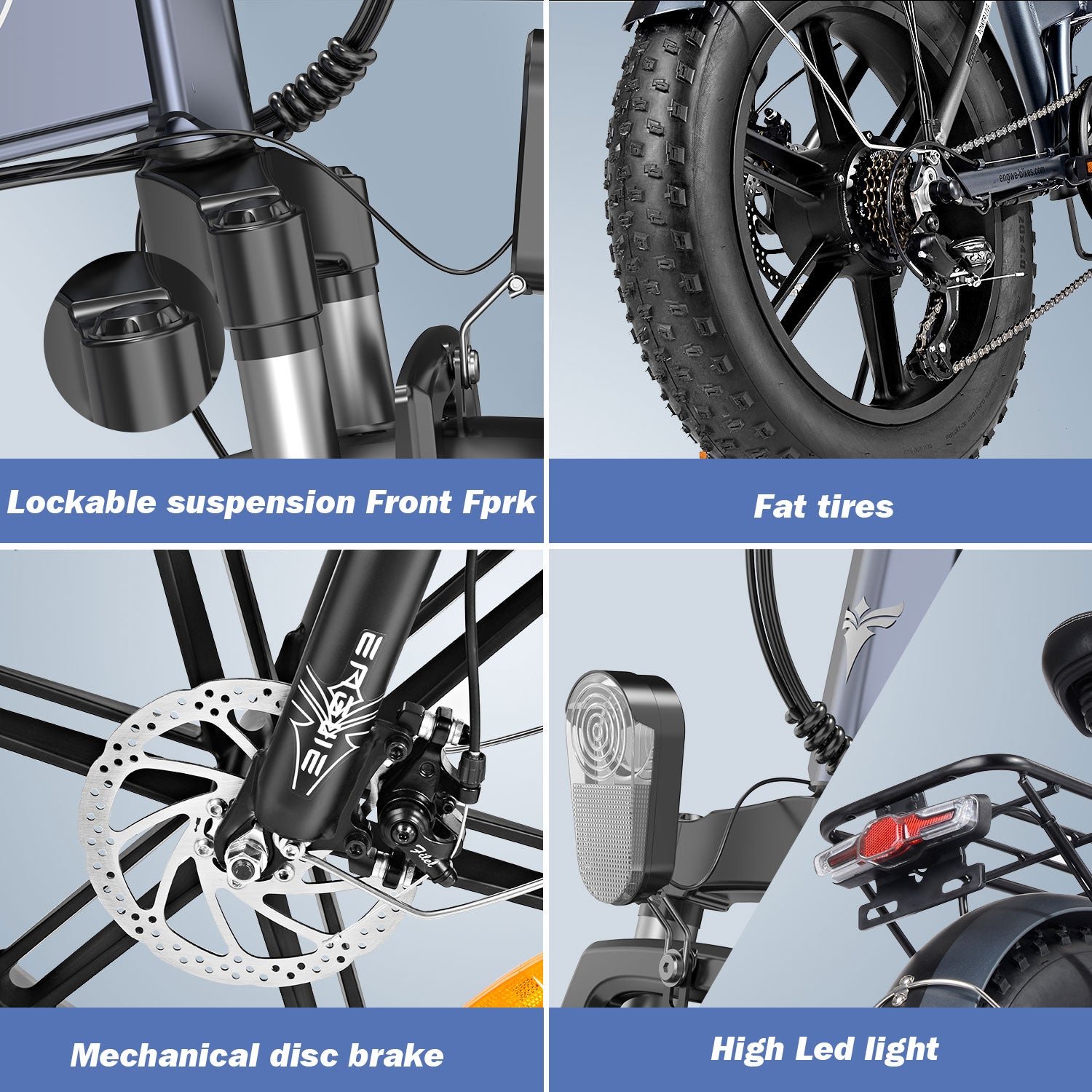 Close-up of Engwe EP-2 Pro's lockable suspension fork and fat tires, key features for rugged terrain biking.