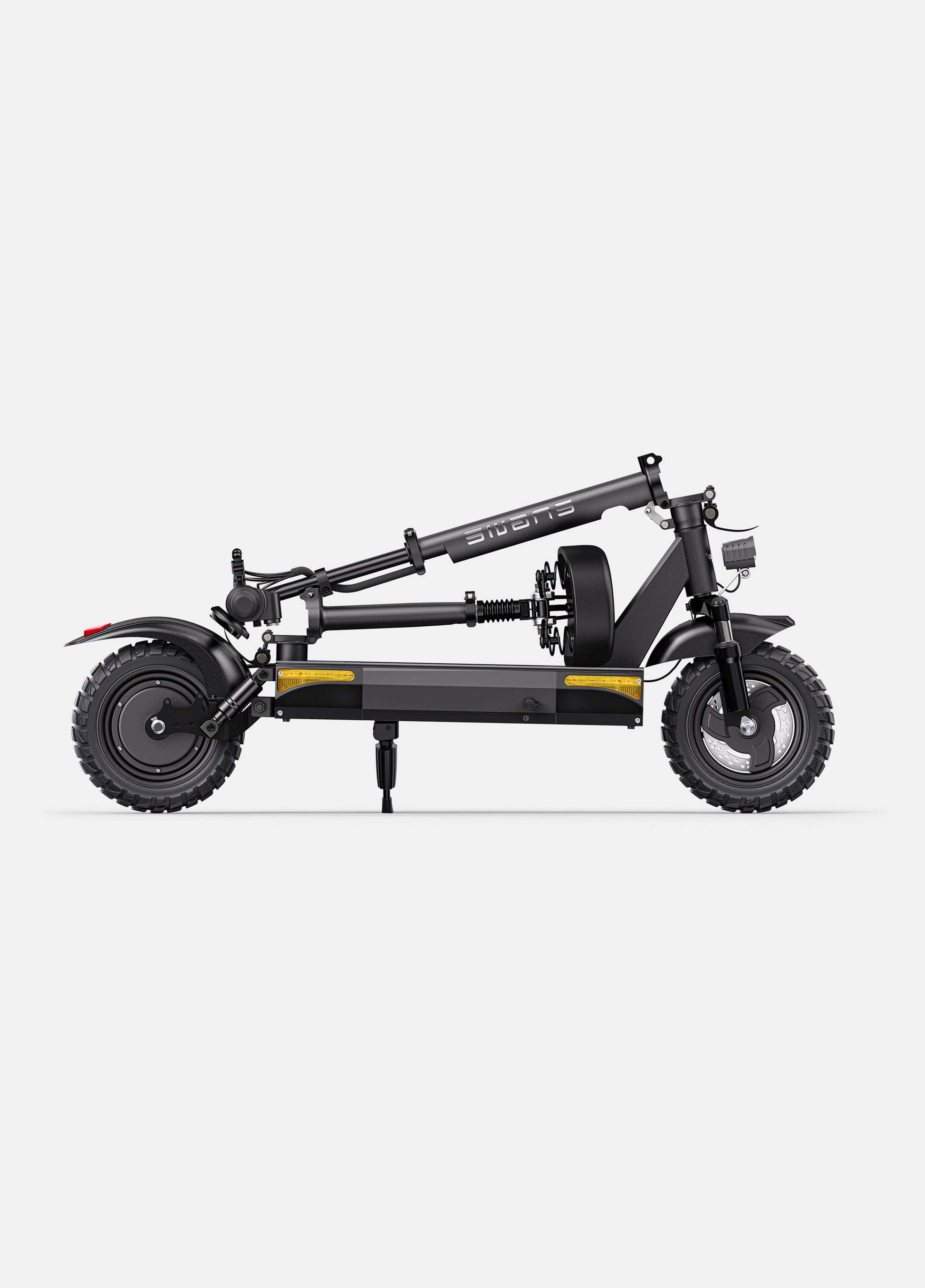 Folded Engwe S6 electric scooter, highlighting its compact size for portability.