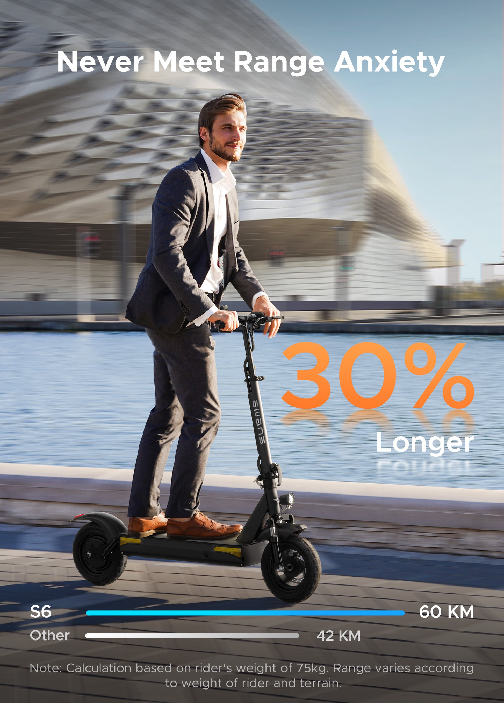 Man riding Engwe S6 e-scooter by the waterfront, illustrating extended range capabilities.