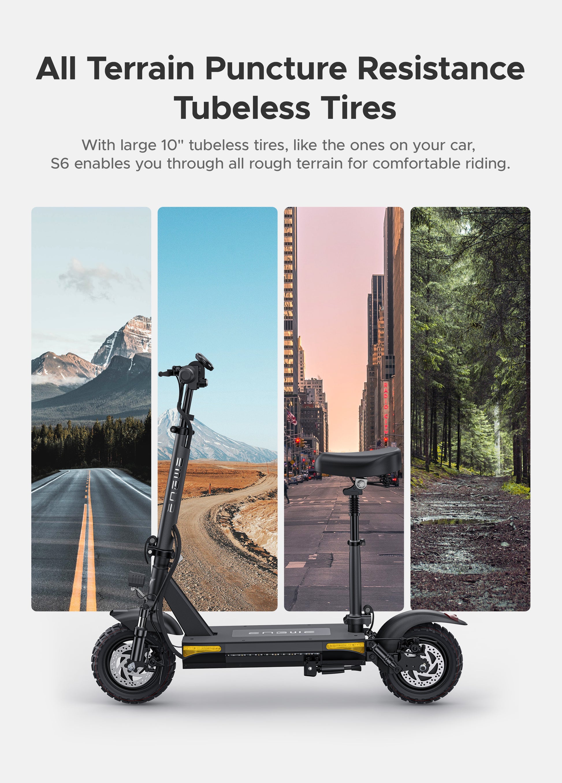 Engwe S6 showcasing its all-terrain tubeless tires for various outdoor conditions.