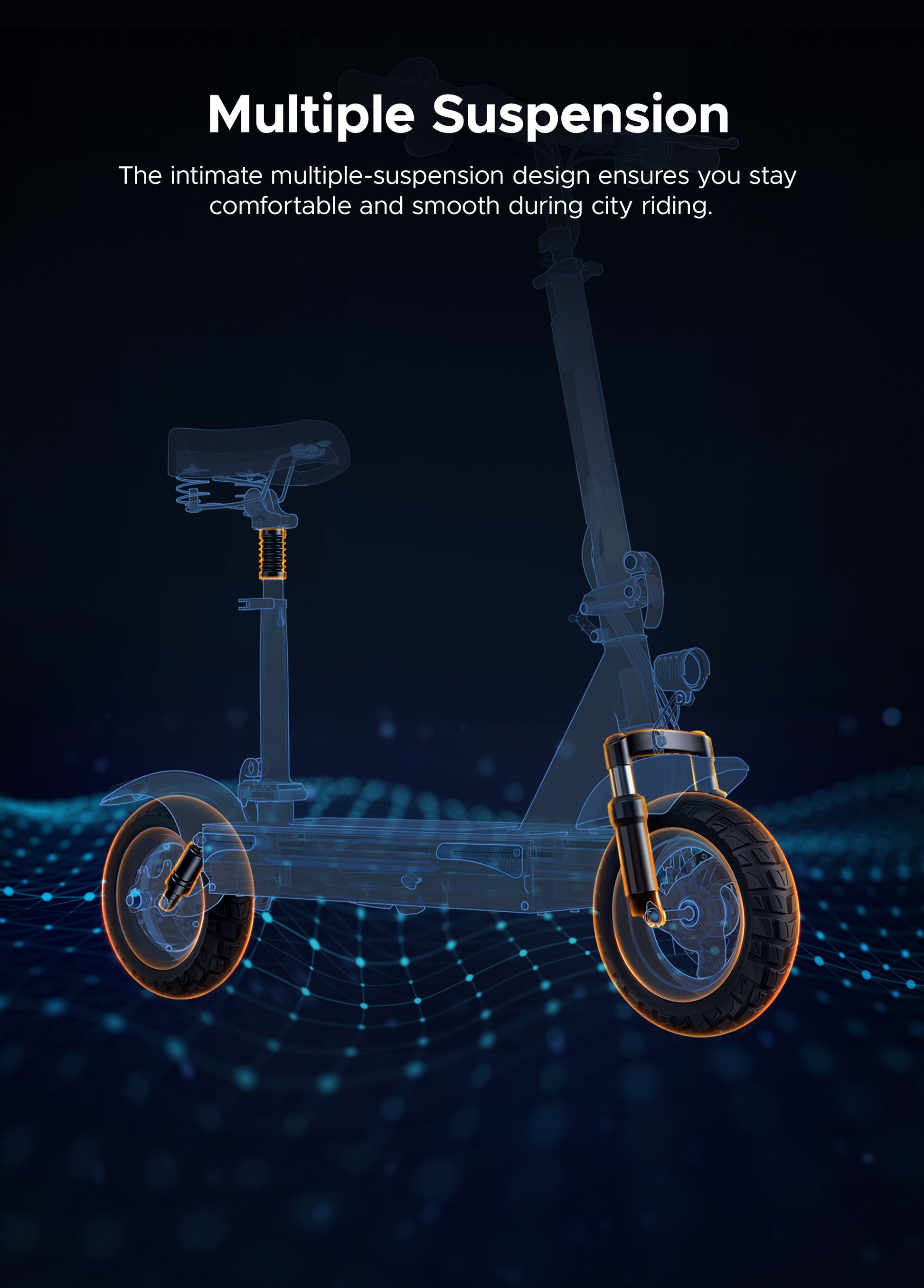 X-ray view of Engwe S6 e-scooter's multiple suspension system for a smooth ride