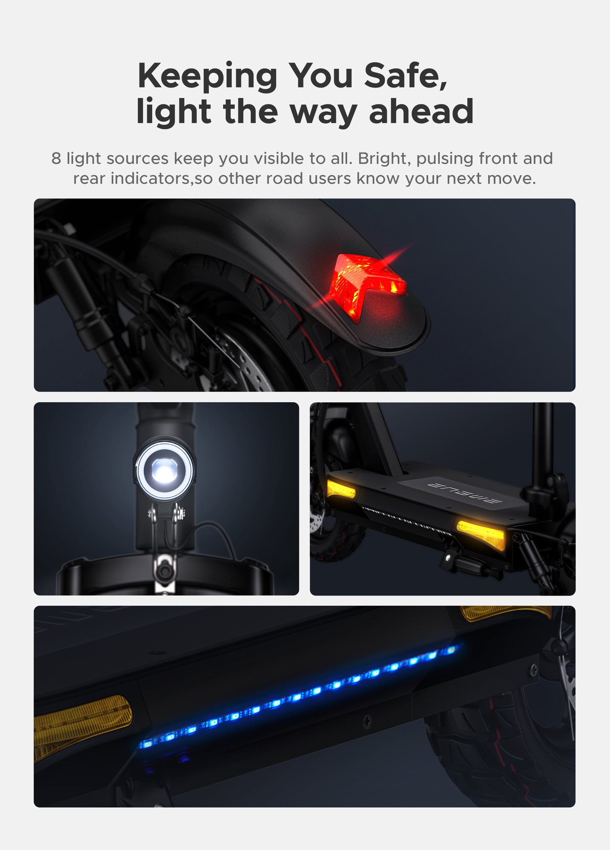 Safety features of Engwe S6 e-scooter with bright lights and indicators for night rides.