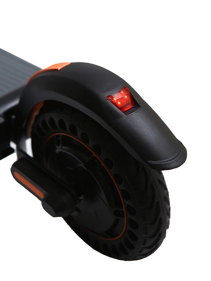 Kirin S1 Pro scooter rear wheel with integrated red brake light and mudguard.