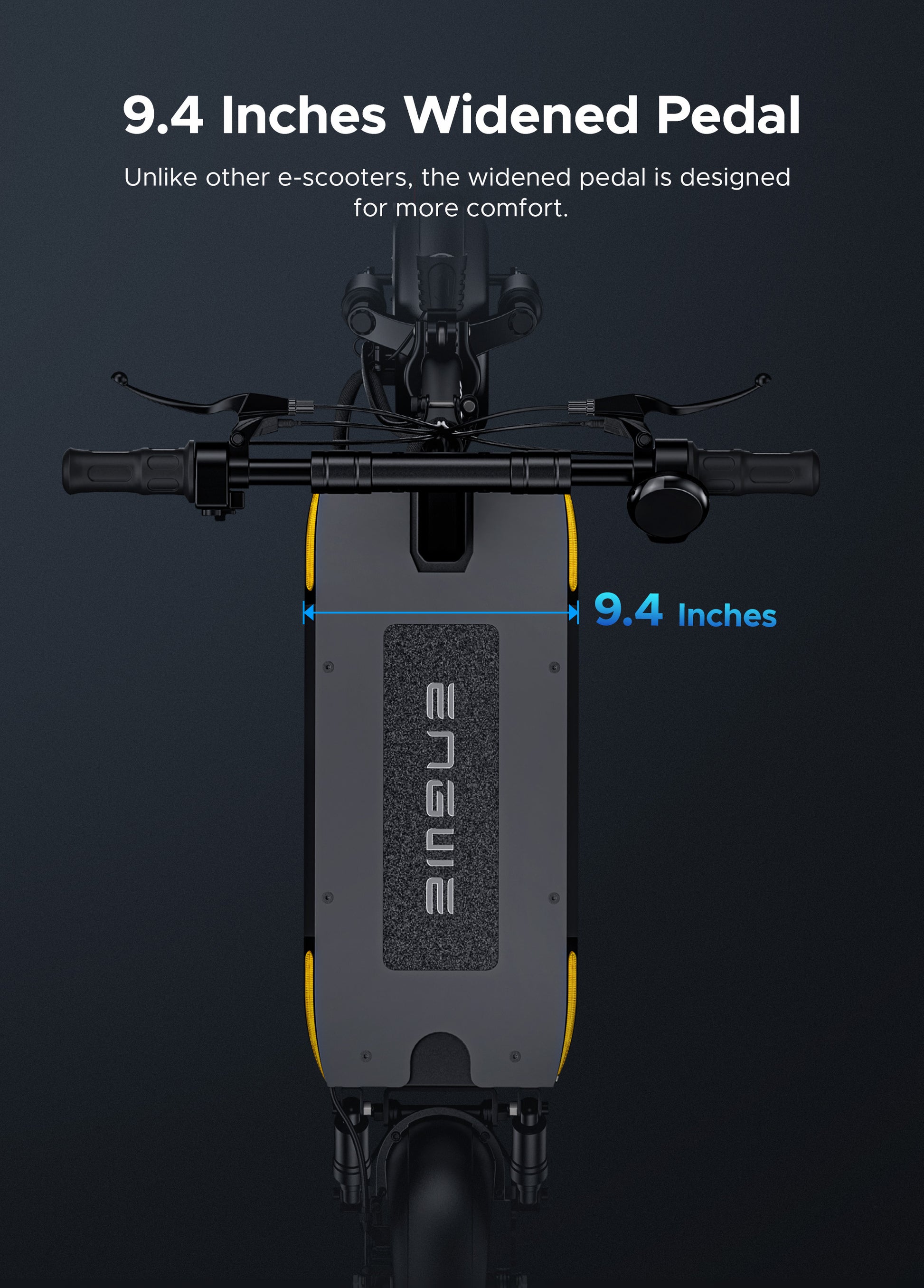 Engwe S6 electric scooter's wide pedal platform, emphasizing rider comfort and stability