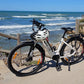 White Eskute Polluno Pro electric bicycle by the shore, showcasing its design and scenic location.