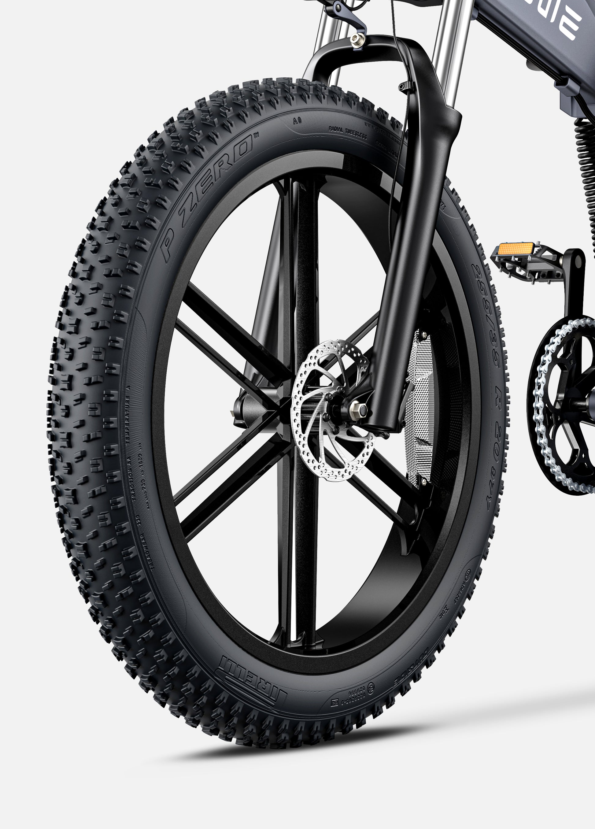 Robust tire and disc brake system of Engwe X26 ebike, highlighting its all-terrain and safety features.