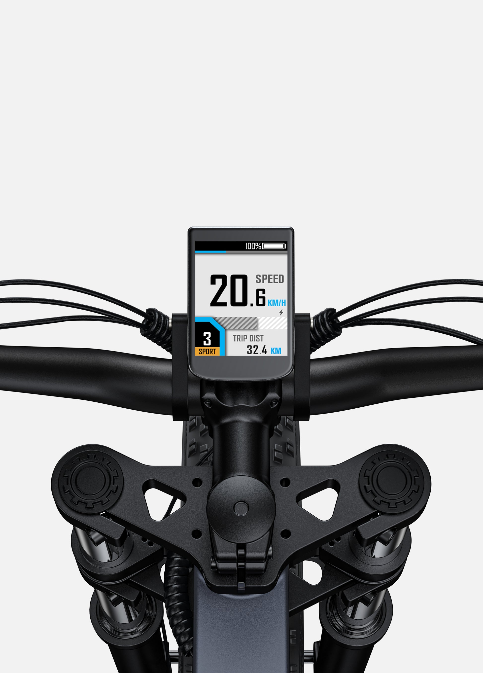 Engwe X26 electric bike's digital display mounted on handlebars, showing speed and trip details for rider convenience.