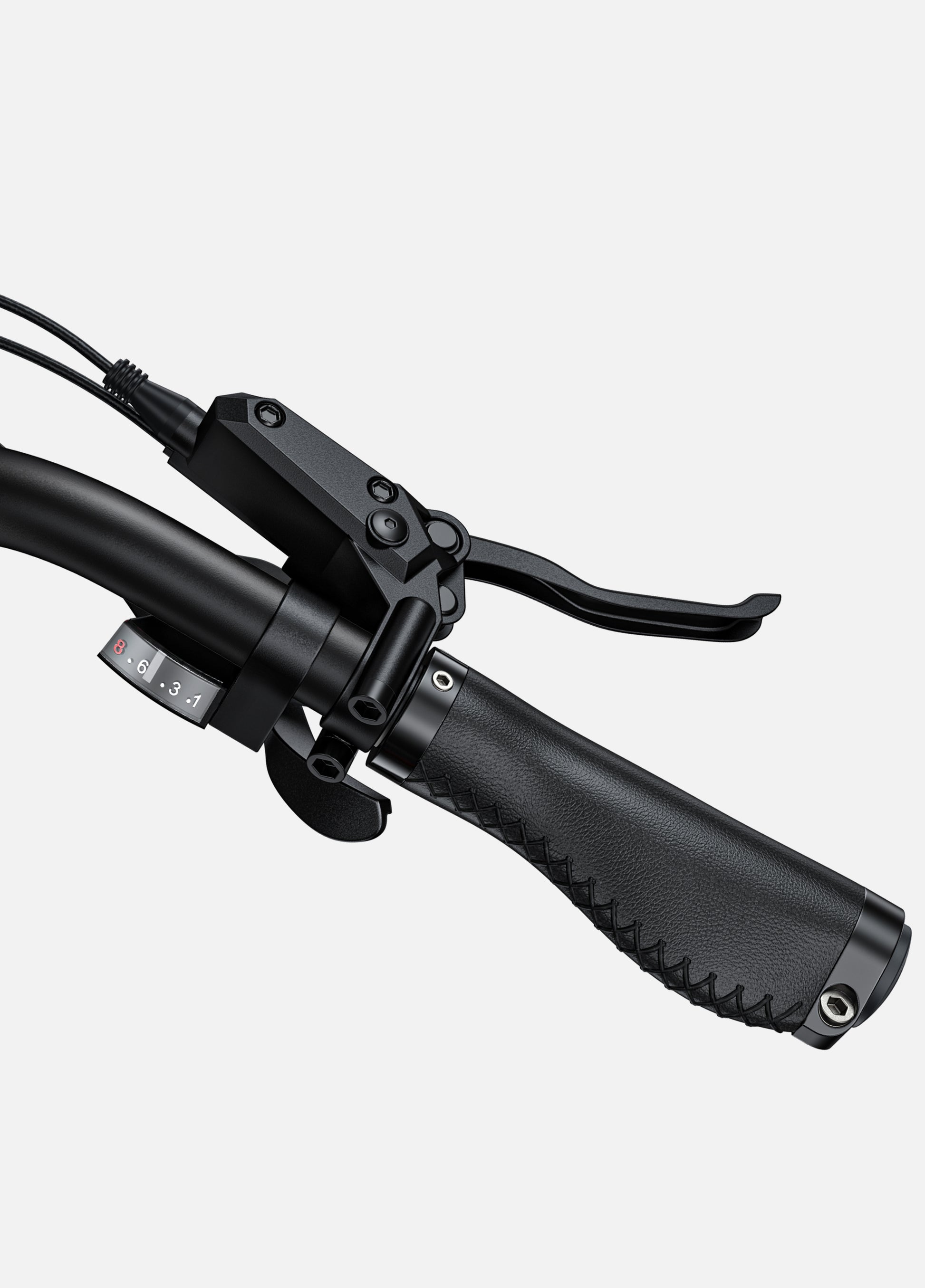 Detailed image of Engwe X26 ebike's handle grip and gear shift mechanism, showcasing ergonomic design.