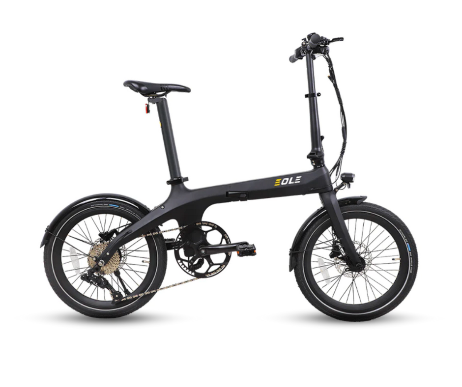 Sleek black Eole S electric folding bicycle with a clear view of the pedal assist system.