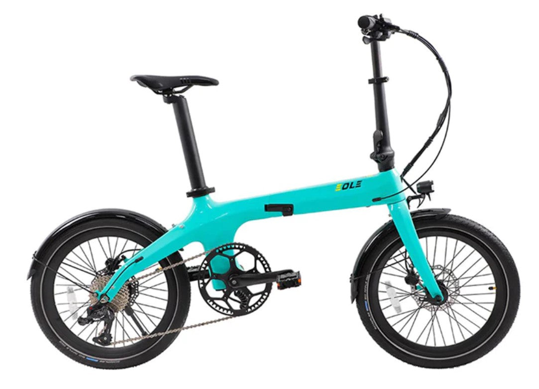Teal Eole S folding ebike displayed in profile view showcasing its compact frame and electric motor.