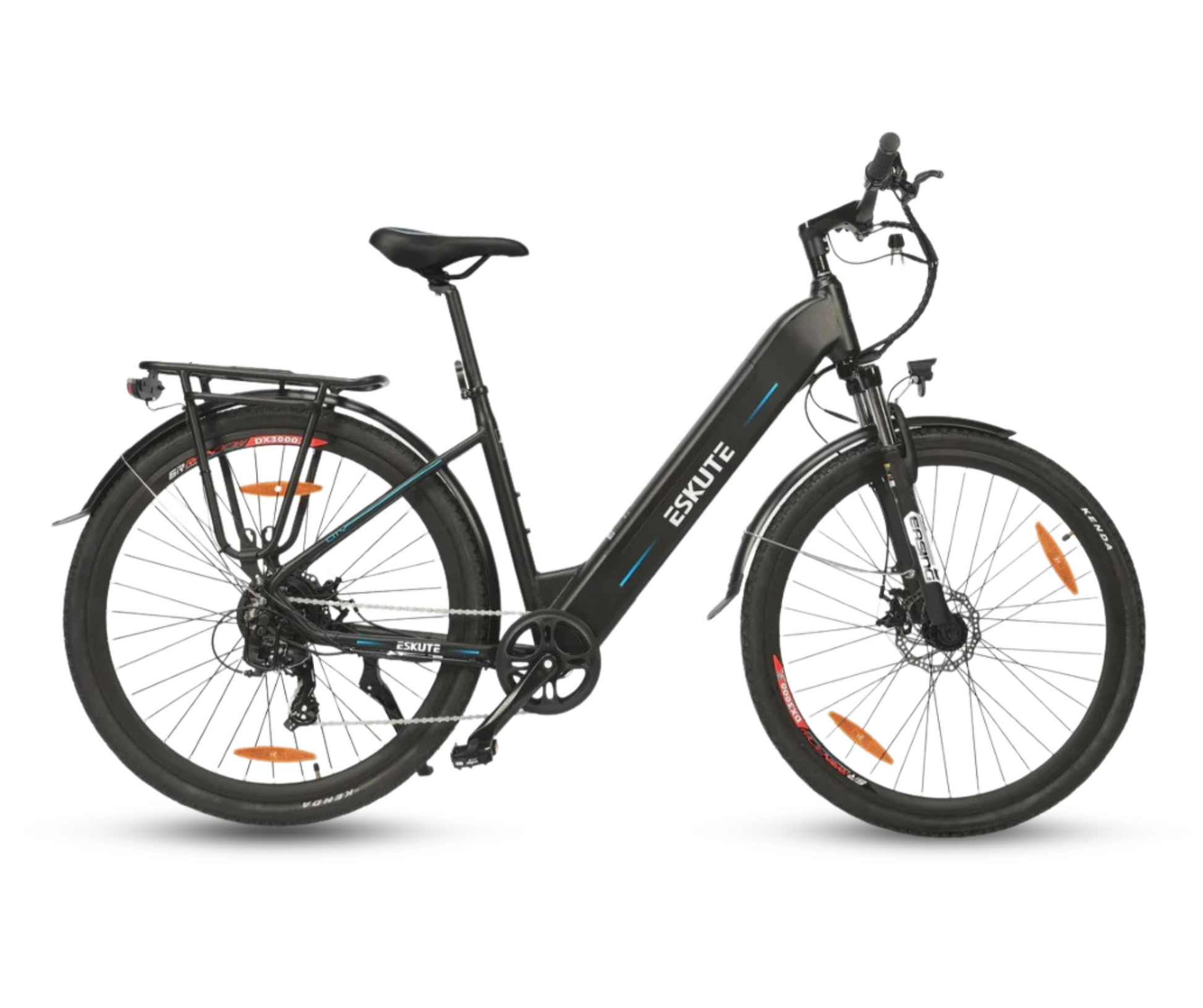 Sleek black Eskute Polluno eBike with reflective accents and disc brakes.