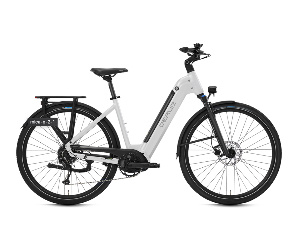 Side view of Deruiz Quartz electric bike in white on a clean background