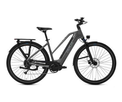 Sleek Deruiz Mica electric bike in charcoal gray with integrated cargo rack and kickstand.