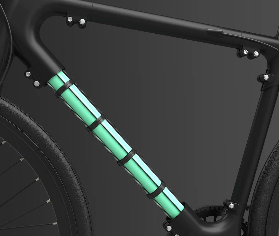 Close-up of the VANPOWER City Vanture's frame with integrated green battery