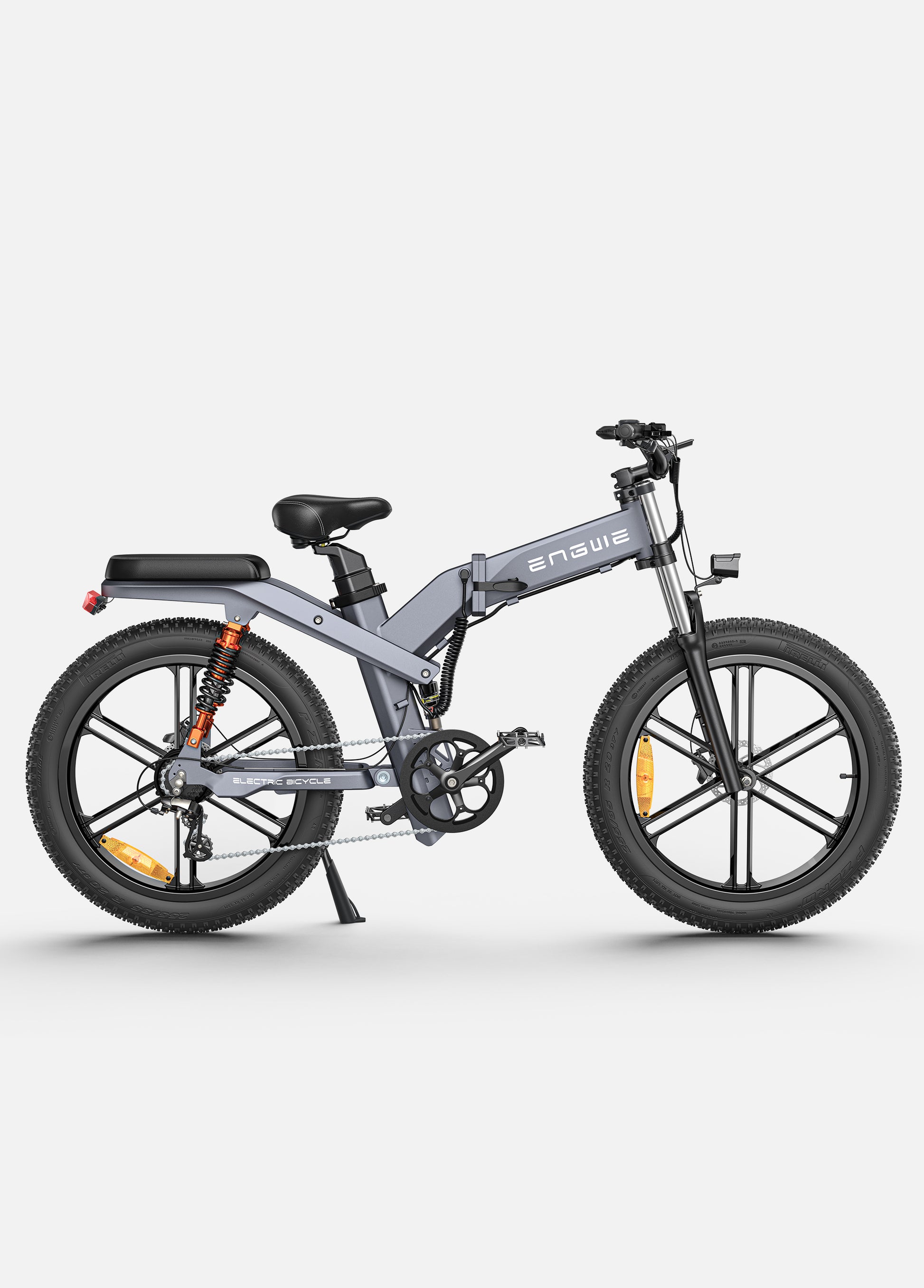 Side view of Engwe X26 electric bike showcasing full suspension and robust frame for off-road adventures.