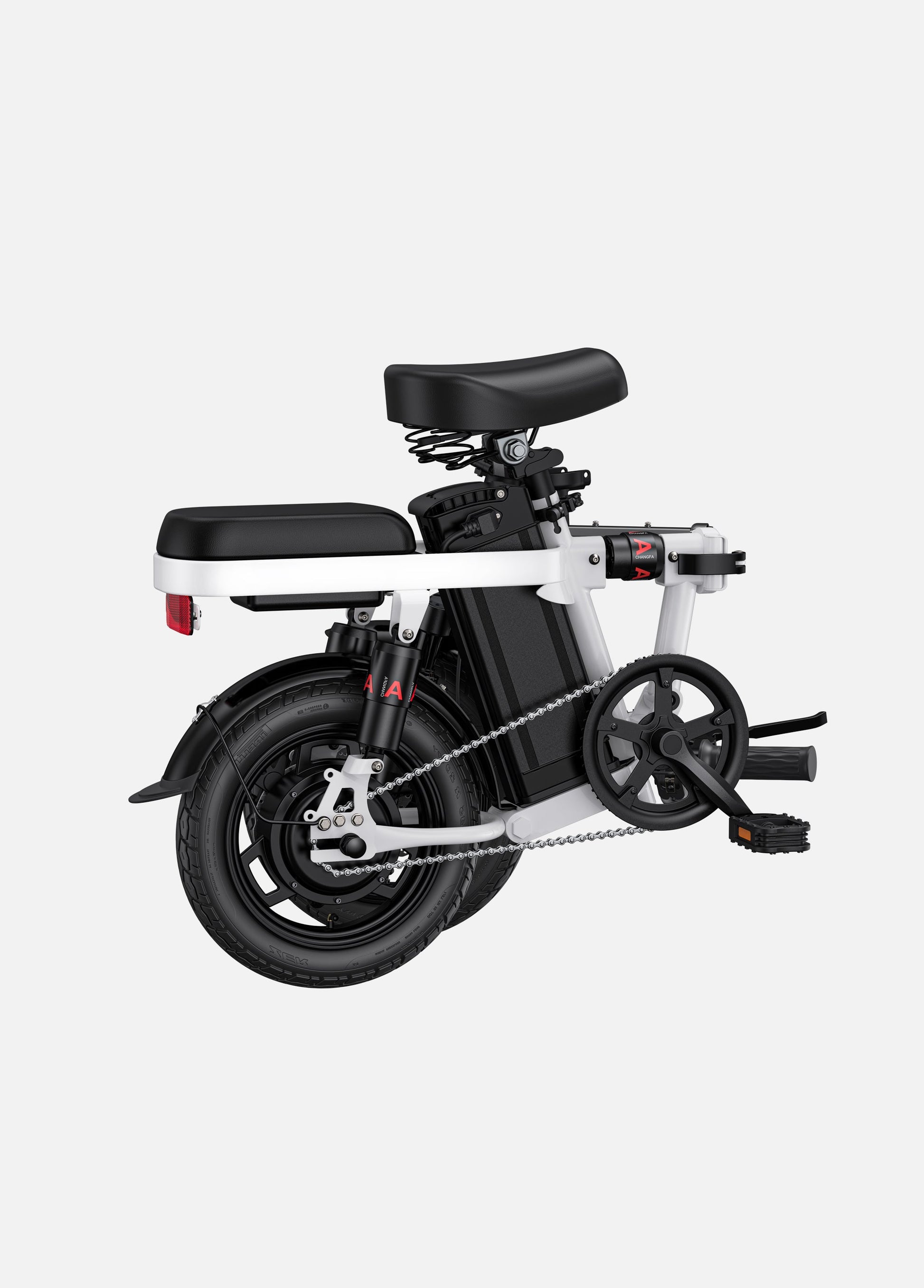 Detailed view of Engwe T14 electric bike's rear with red taillight and suspension, emphasizing its safety and comfort features.