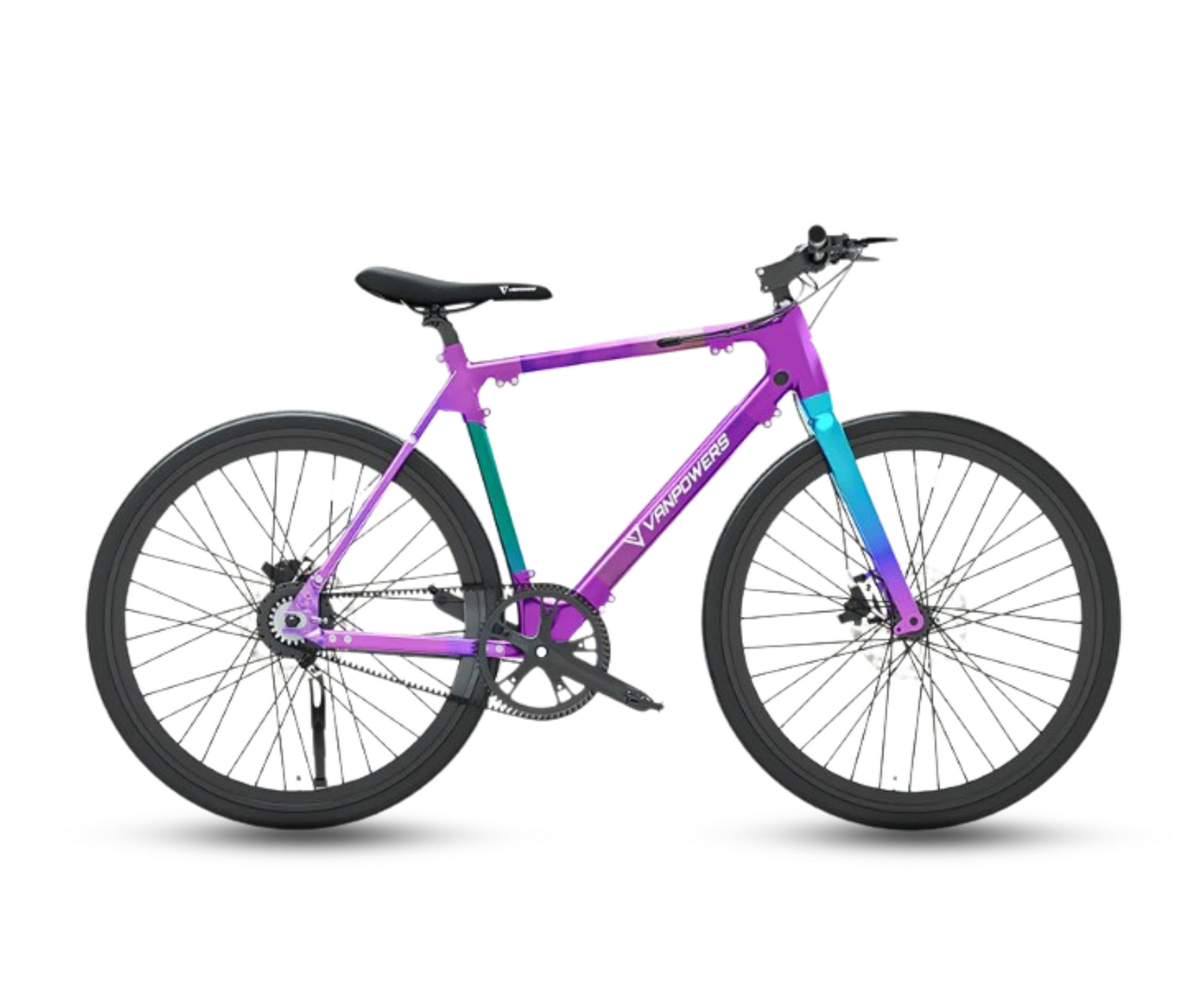 Vibrant purple and blue VANPOWER City Vanture electric bicycle with a modern design.
