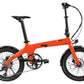 Vibrant orange Eole S electric bike unfolded, highlighting its modern design and electric components.