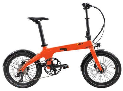 Vibrant orange Eole S electric bike unfolded, highlighting its modern design and electric components.