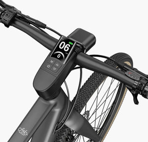 Close-up of the Fiido C21's handlebar with integrated control panel display