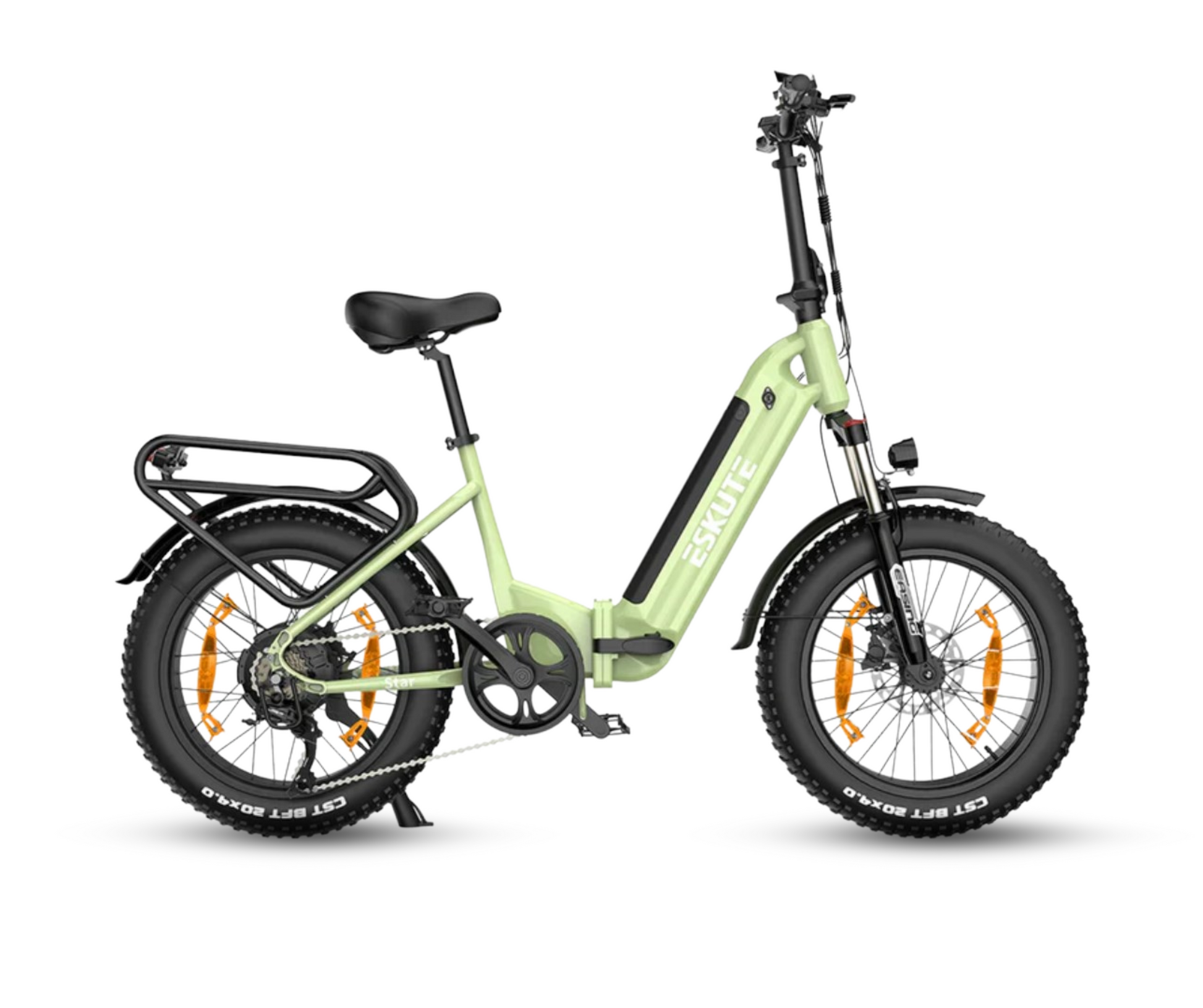 Eskute Star eBike in pastel green with fat tires for urban commuting.