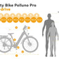 Eskute Polluno Pro eBike size chart and specifications infographic for consumer guidance.