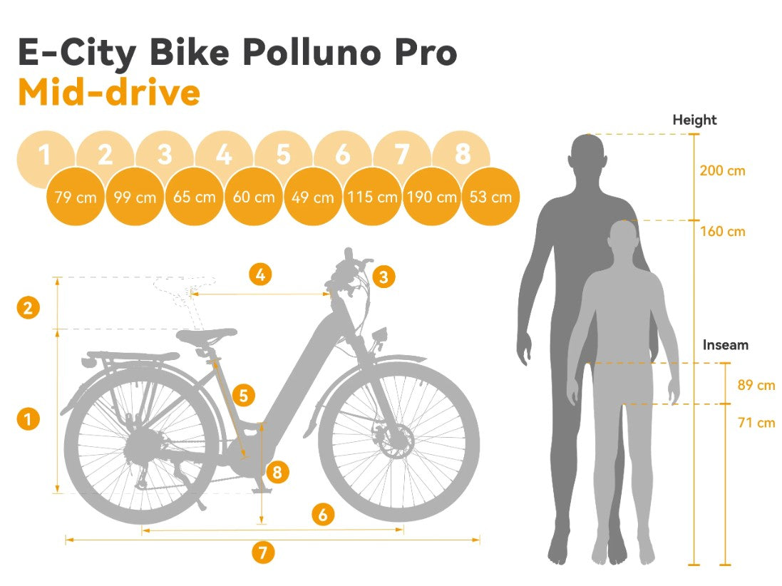 Eskute Polluno Pro eBike size chart and specifications infographic for consumer guidance.