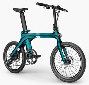 Sleek Fiido X ebike in teal, showcasing its compact frame and robust wheels for urban commuting.
