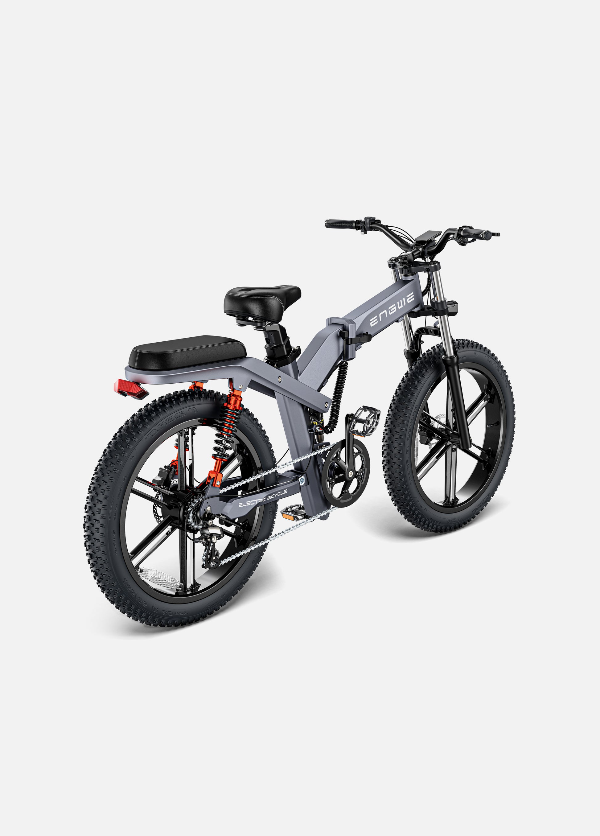 Rear View of Engwe X26 electric mountain bike in full view, highlighting its powerful structure and off-road capabilities.