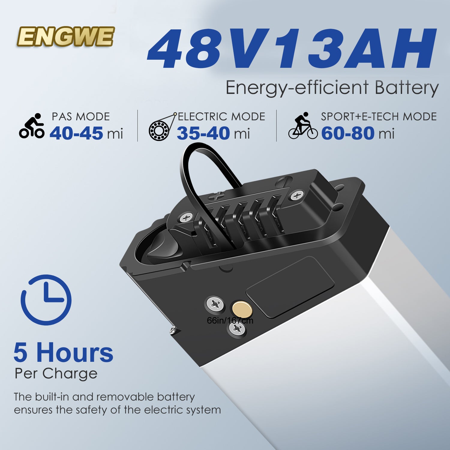 Engwe EP-2 Pro's 48V 13Ah energy-efficient battery, offering various riding modes and long-lasting performance.